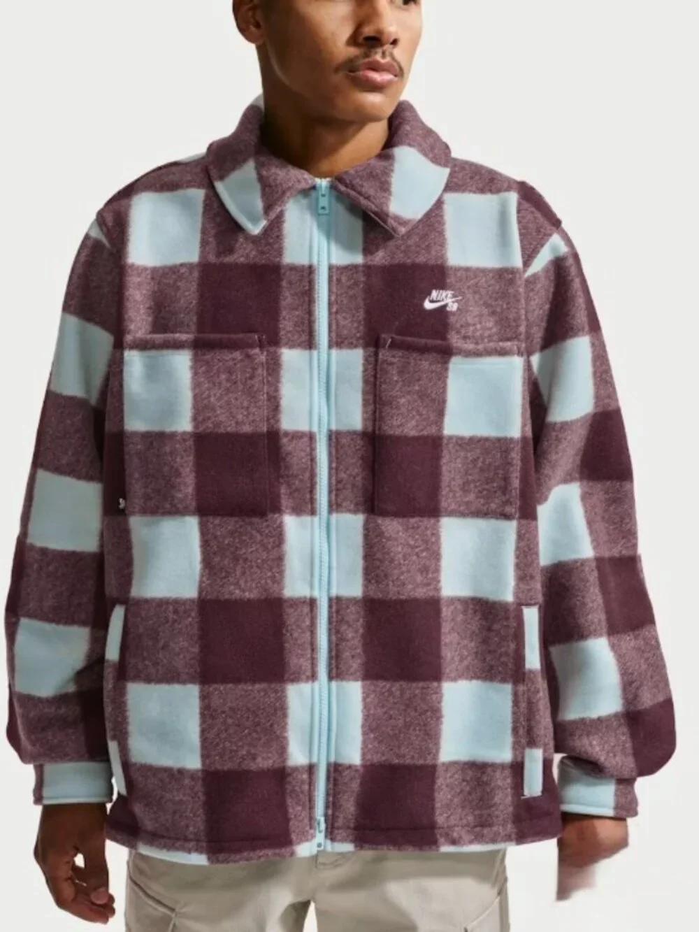 Nike SB Essential Skate Shirt Jacket Glacier Blue Burgundy HV1421-474 Men Size M